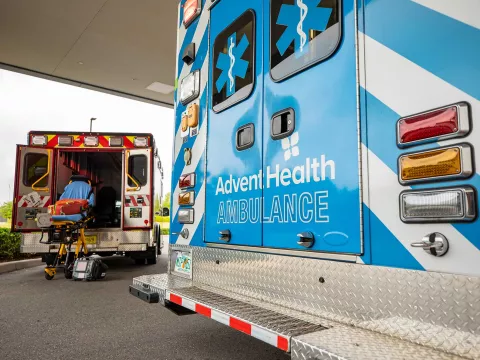 Ambulances parked at an AdventHealth facility